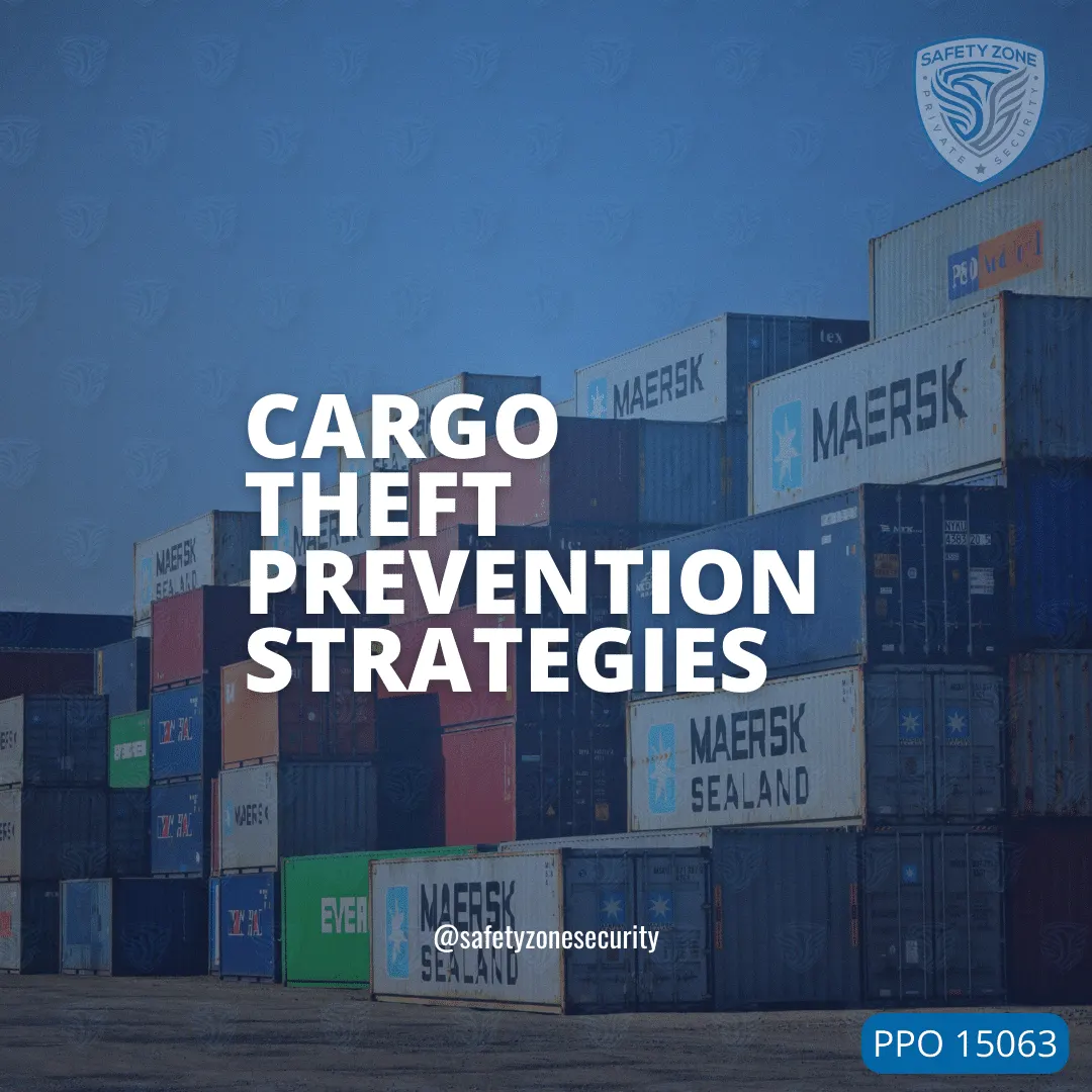 shipping containers at port, safety zone security guard services logo in corner
