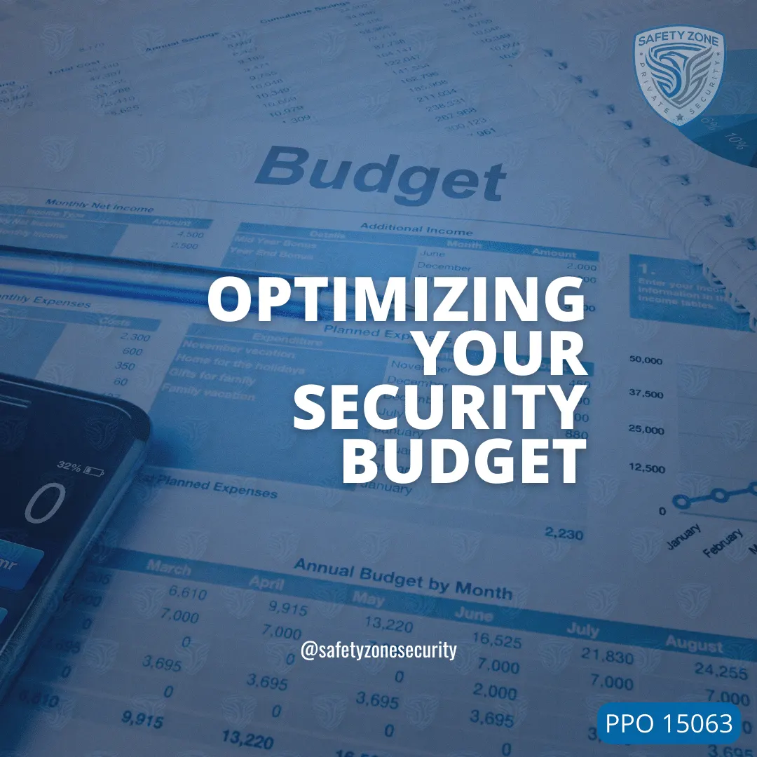 optimizing your security budget title, background of spreadsheets including the monthly totals which symbolizes security guard services budgets