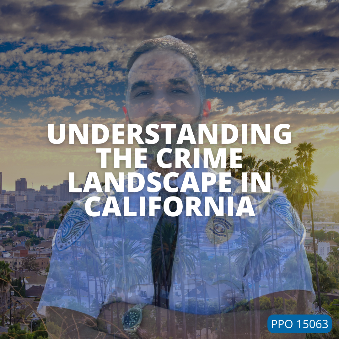 Image of Safety Zone Security, Inc. employee with Los Angeles backdrop titled "Understanding the Crime Landscape in California".
