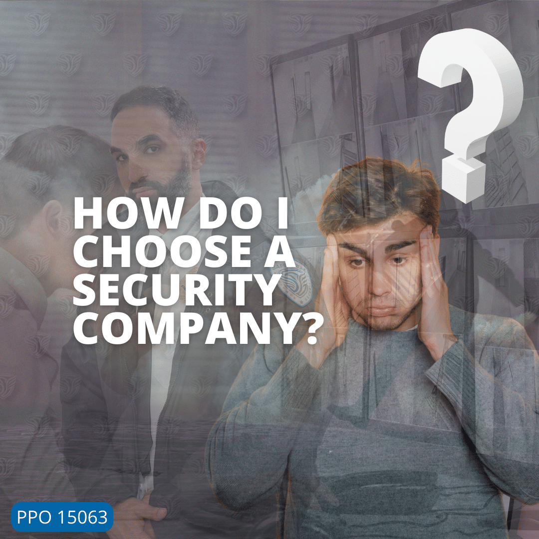 picture of stressed person holding his head with question mark graphic and title how do I choose a security company