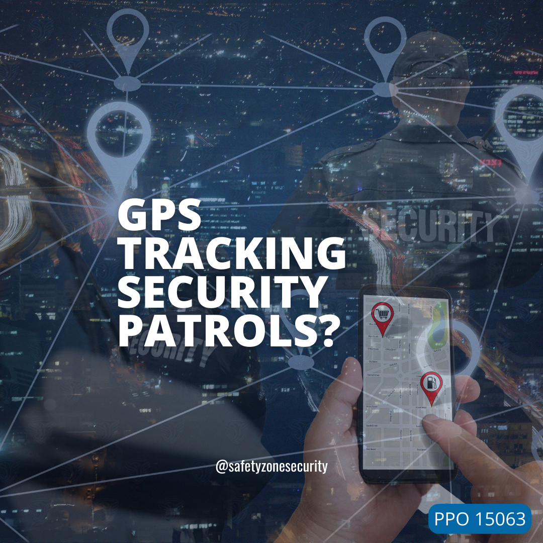 gps coordinates on map, hand scrolling through map on phone, security guards in background, safety zone security tag