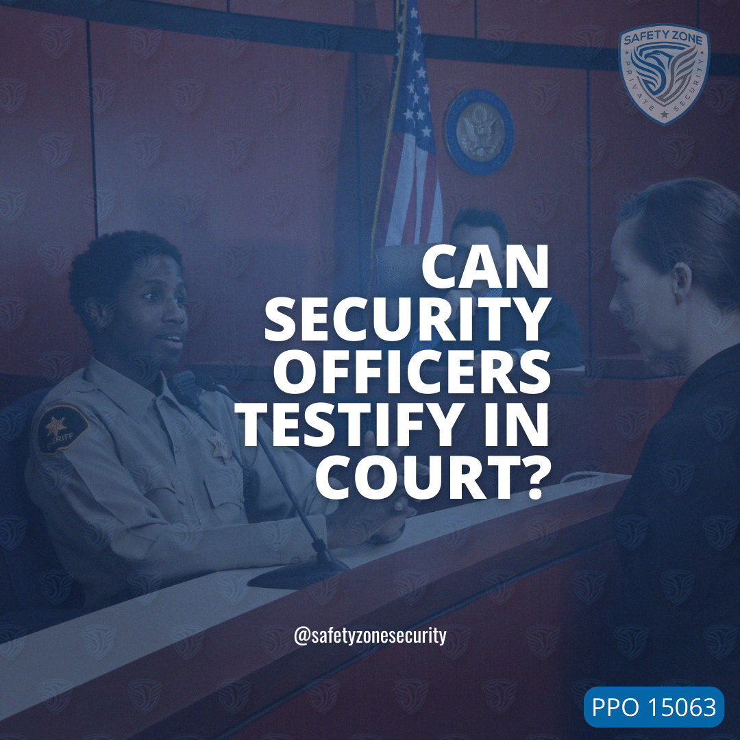 security guard in courtroom with lawyer and judge, title of article, safety zone logo