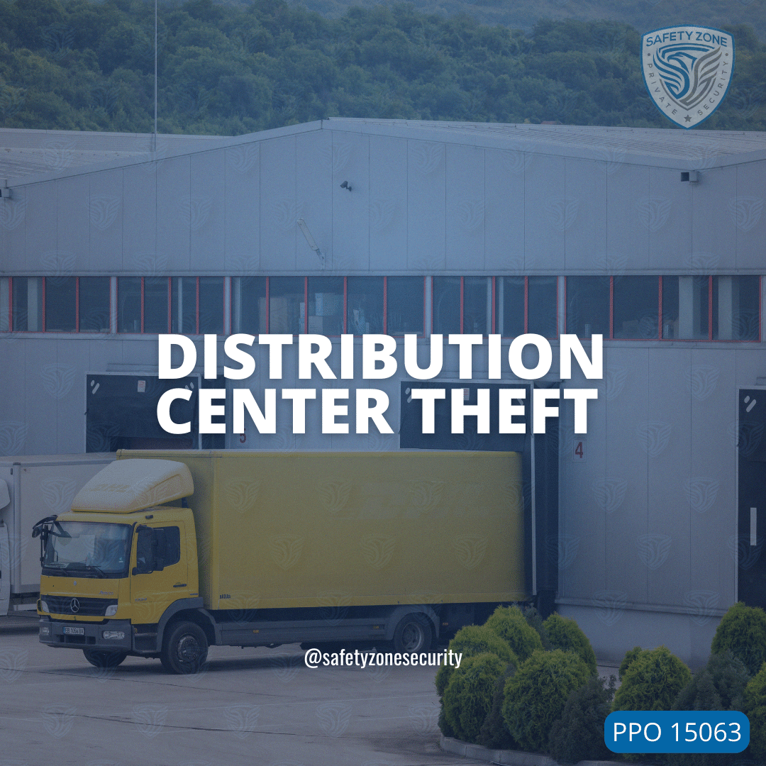 distribution center receiving shipment from truck, safety zone security guard services logo