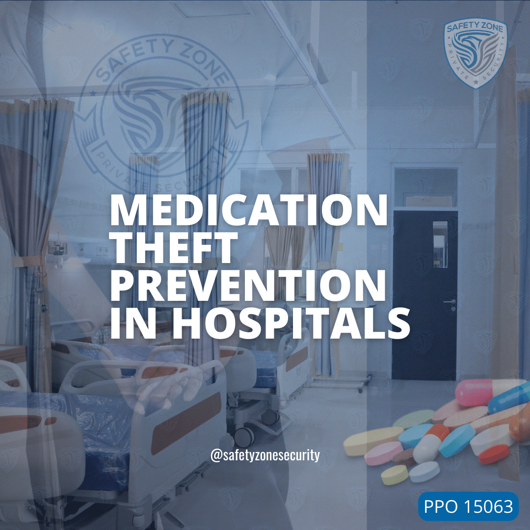 hospital room with bed, safety zone security officer, pills in bottom right corner, szs logo top right, ppo 15063 bottom right