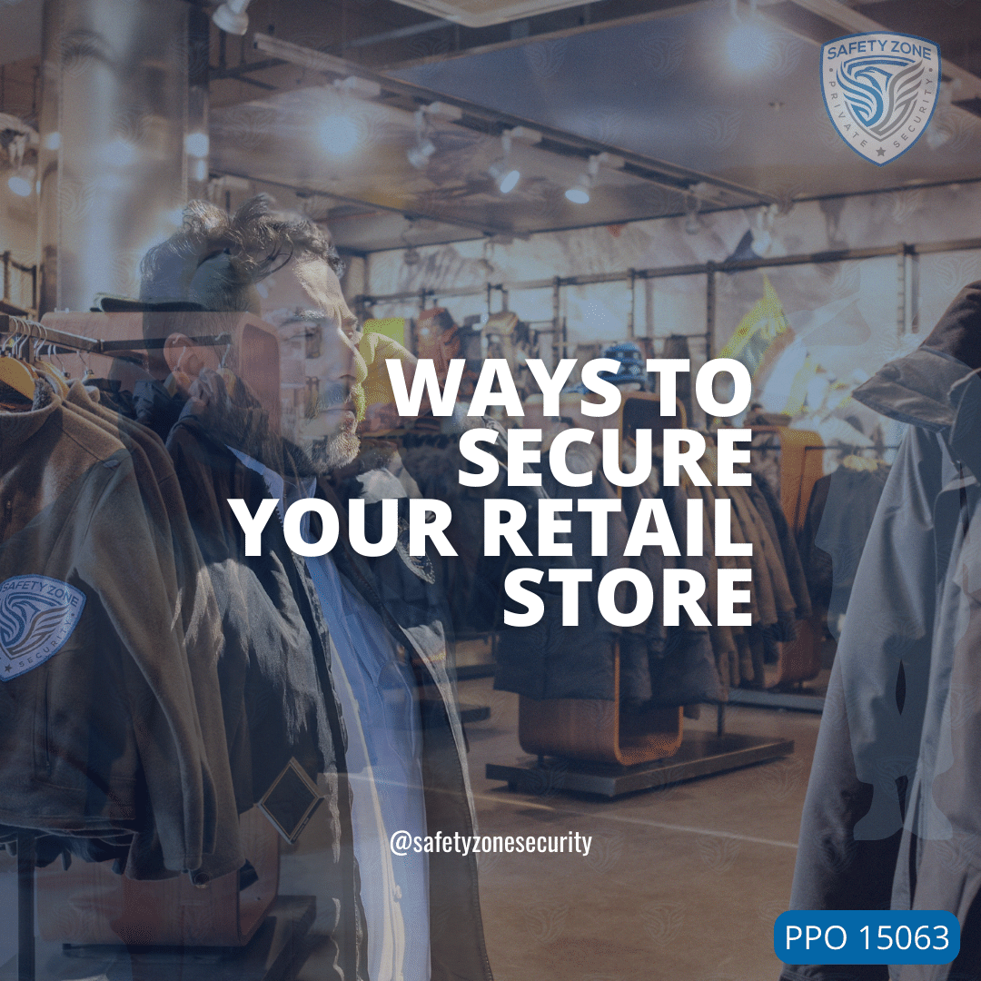 retail store with safety zone private security guard providing services talking into radio