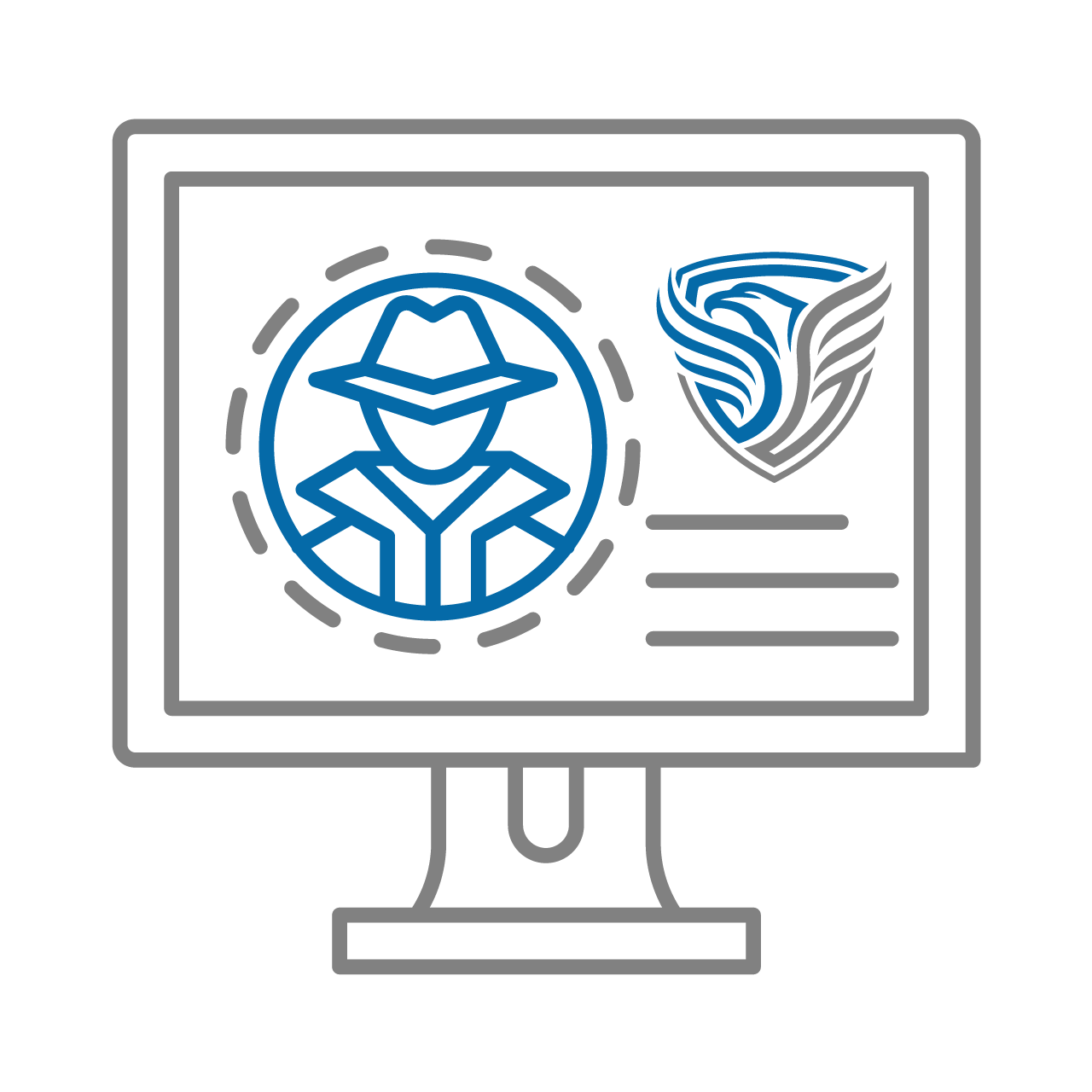 static lined icon of computer with suspicious person in coat circled. safety zone logo icon top right